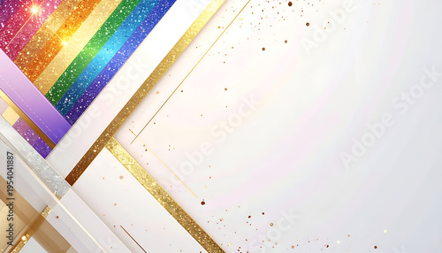 Abstract design features a rainbow band, gold lines, sparkling light against a white backdrop