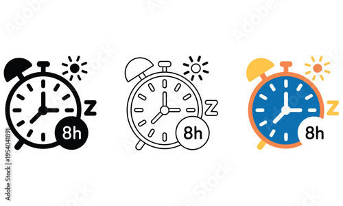 Vector graphic illustration of alarm clocks with eight hour labels and z symbols