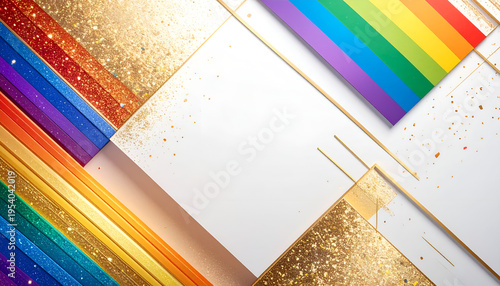 Abstract design with rainbow colors, gold glitter, geometric shapes, and a white space