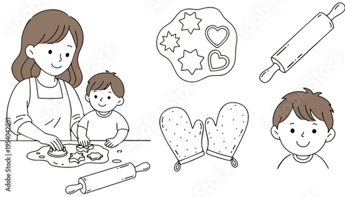 A mother and son baking cookies together with rolling pins and oven mitts
