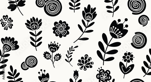 A variety of black and white botanical illustrations featuring flowers and leaves