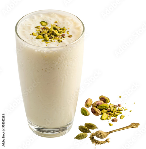 Creamy refreshing milkshake garnished with crushed pistachio nuts served in a tall glass tumbler isolated on transparent background