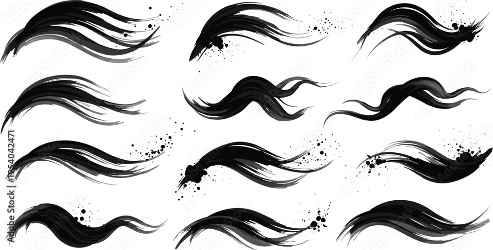 Fototapeta premium Black ink flowing brush strokes collection with dynamic wave swashes paint splatter texture abstract vector elements
