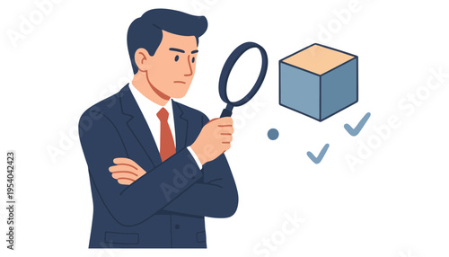 A businessman examines a cube with a magnifying glass closely