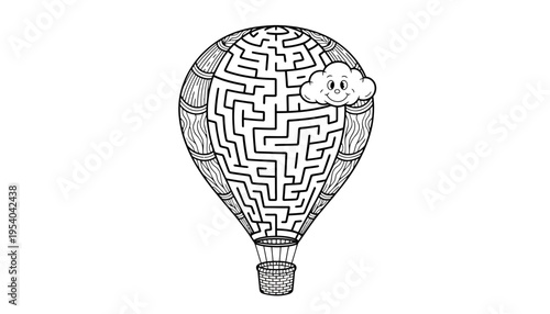 A hot air balloon maze illustration with a smiling cloud