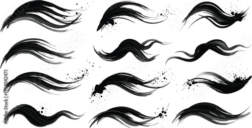 Black ink flowing brush strokes collection with dynamic wave swashes paint splatter texture abstract vector elements
