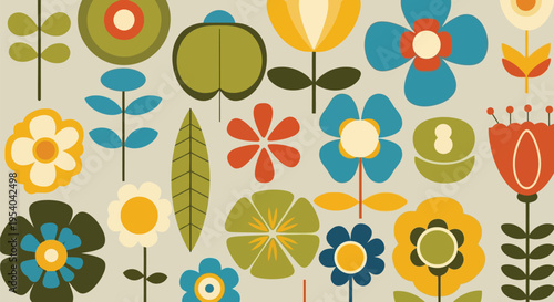 A vibrant and colorful array of abstract floral patterns and shapes on a white background