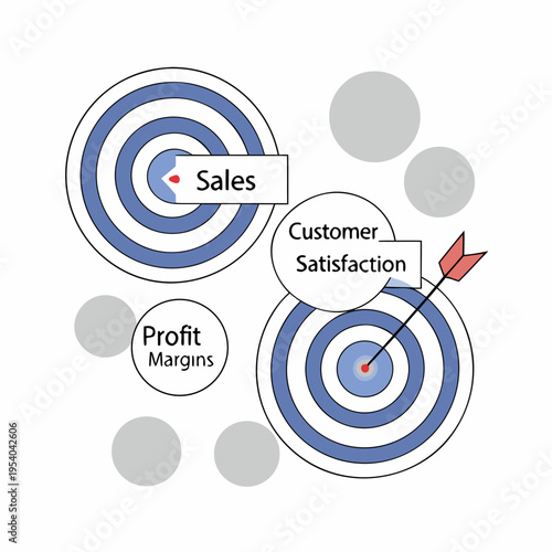 A vector graphic illustrating business targets with sales, customer satisfaction, and profit margins