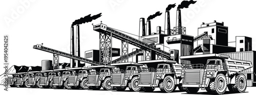 Black and white industrial mining facility illustration with heavy dump trucks, conveyor belts, smokestacks, and mountainous background showcasing large-scale 