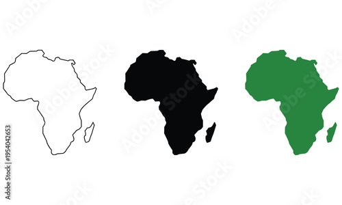 Vector graphic illustrations of Africa continent in outline, black, and green colors for design and educational purposes