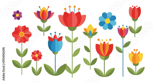A vibrant and colorful illustration of various flowers in full bloom with green stems and leaves