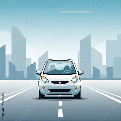 White Car Driving Down City Road.