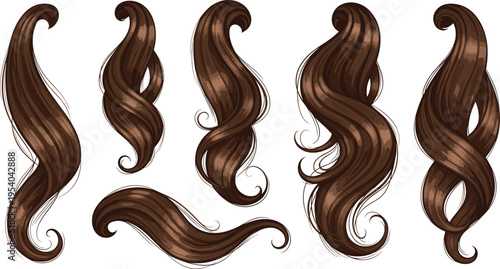 Realistic brown curly hair strands collection with glossy flowing locks detailed texture vector illustration for beauty and fashion design