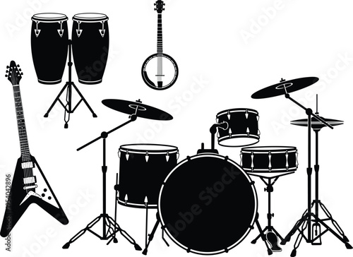Black and white silhouette illustration of musical instruments including drum set, conga drums, electric guitar, and banjo, ideal for music education, performance, and artistic design projects.