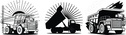 Bold black-and-white dump truck illustrations with dynamic starburst effects, showcasing heavy-duty industrial machinery for construction, mining, 
