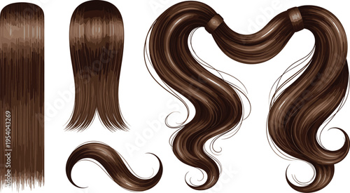 Realistic brown hair set with straight and curly ponytail strands glossy texture vector illustration for beauty and fashion design