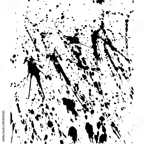 Abstract black splatters on white background. Dynamic ink stains create chaotic, energetic feel. Great for motion, action, or abstract design projects