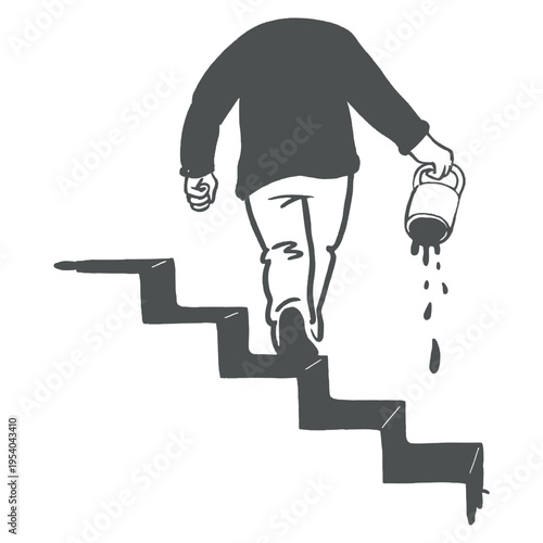 A headless man walks down stairs, spilling black liquid from a can, representing a decline.