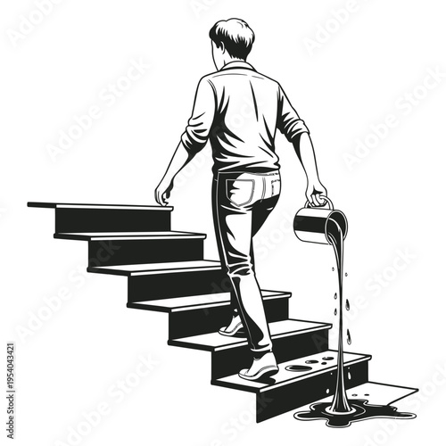 A detailed monochrome man ascends stairs, spilling liquid from a can, symbolizing a problematic ascent.