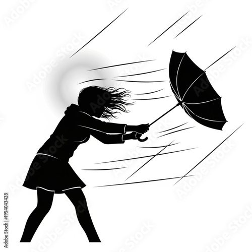Woman struggling to hold umbrella in storm.