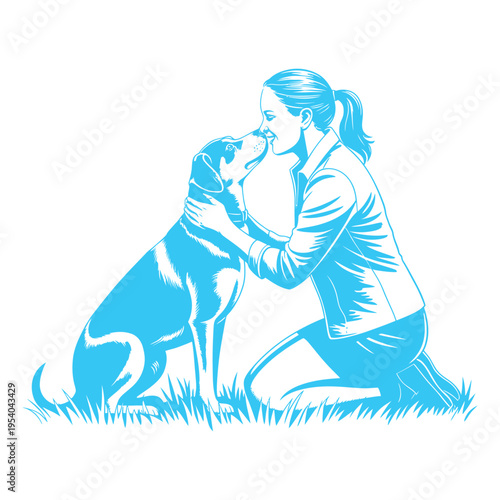 A stylized blue silhouette of a girl kneeling and embracing her beloved dog outdoors.