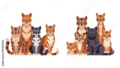 A group of colorful cat illustrations sitting together in a cute pose