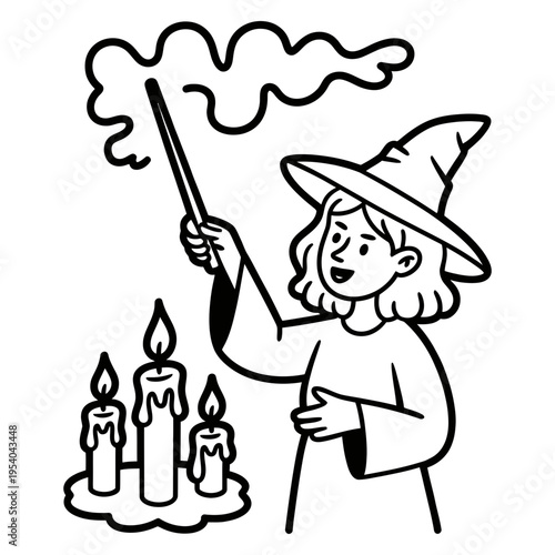 A cheerful cartoon witch wearing a tall hat performs a gentle spell with her magic wand near lit candles.