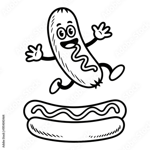 A cheerful cartoon sausage character excitedly jumps onto a perfectly prepared hot dog bun with mustard.