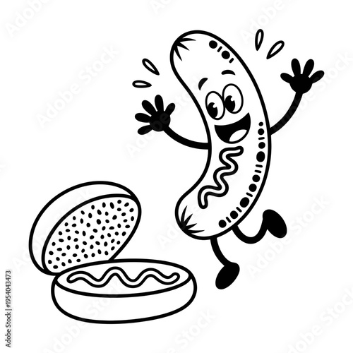 A delighted cartoon sausage character excitedly jumps next to an open hot dog bun filled with mustard.