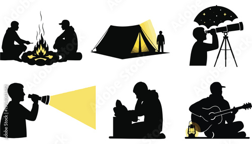 Camping vector silhouette illustrations of people in various outdoor activities