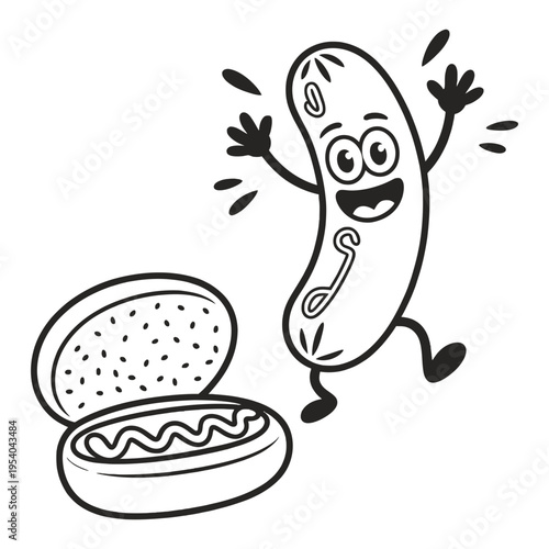 A joyful cartoon sausage character with a big smile jumps enthusiastically near an open hot dog bun.
