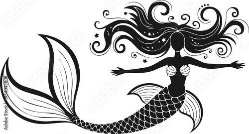 Detailed Mermaid Silhouette Illustration: Black Vector Mythical Sea Creature with Intricate Scales and Flowing Hair for Nautical Decor, Ocean Themes, and Fantasy Art