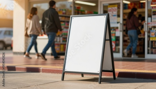 Promotional sign display outside retail store urban setting marketing content daylight environment eye-level view local business concept