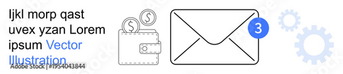 Communication, finance, notifications, email, digital transactions, online tools. Wallet with coins, envelope with notification badge and gear icons. Communication and finance merge into