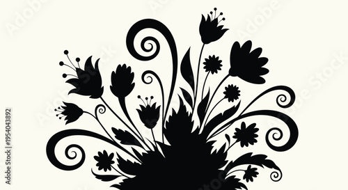 Elegant black and white floral design with intricate swirls and delicate petals
