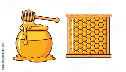 A honey pot and honeycomb illustration with a dipper on top