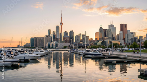 Toronto Skyline with CN Tower and Marina at Sunset with Reflections