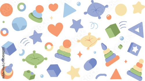 Colorful Baby Toys and Shapes Vector Set with Stacking Rings, Balls, Stars, Hearts, Cushions, and Geometric Elements for Kids Learning Design.