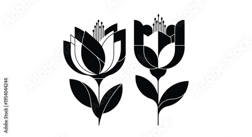 Two stylized flowers with long stems and leaves, featuring detailed petals and centers.
