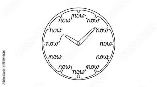 Clock with “Now” on Every Number Continuous Single Line Minimalist Present Moment Line Art Illustration