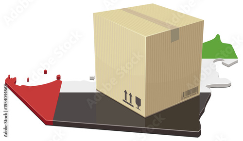 A cardboard delivery box on the United Arab Emirates map, representing UAE logistics, international trade, e-commerce, and cargo distribution (cut out).