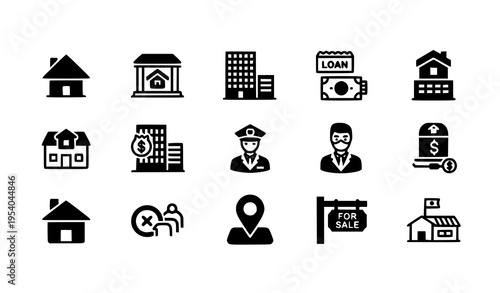 Home Real Estate Solid Icons Set House Property Loan Mortgage Vector Collection