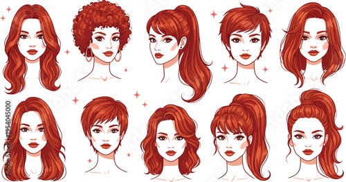 Red hair women portrait set with various hairstyles including ponytail curly short and long styles modern beauty fashion vector illustration