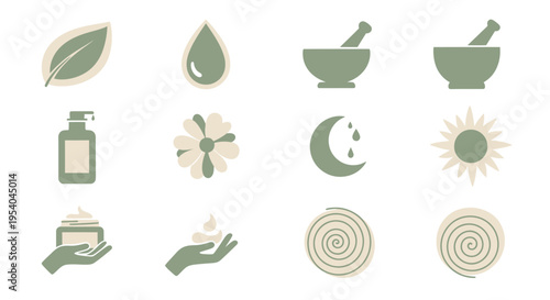 Natural Wellness and Spiritual Balance Icon Set Featuring Water Drop Leaf Moon Meditation and Holistic Health Concept