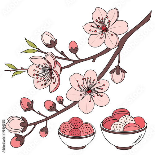 Cherry Blossom Branch Illustration with Pink Flowers Vector

