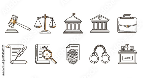 Law and Justice Icon Set Featuring Court Scale Gavel Legal Document Police and Judicial System Concept