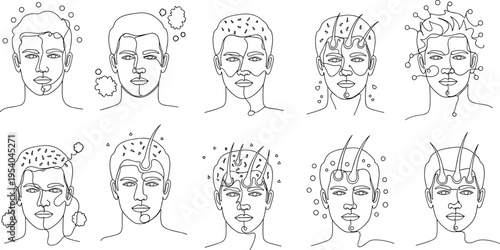 Skincare facial treatment line art set showing acne cleansing and skin procedures minimal vector illustration for dermatology and beauty concepts