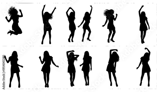 Women dancing icon pack with nightlife celebration and music poses in modern black silhouette vector