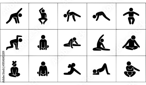 Workout and yoga icon pack with stretching and fitness poses in modern black silhouette vector design