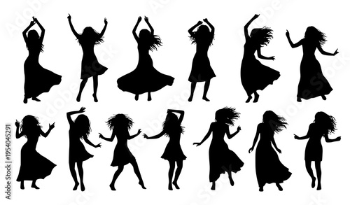 Women dancing and celebrating silhouette set with nightlife music poses in black vector design
